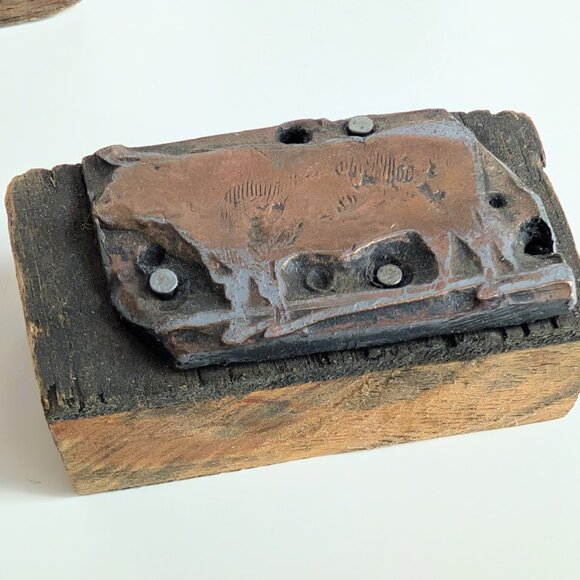 Lot of 3 Antique Copper & Wood Animals Letterpress Printers Blocks Horse Cow - Picture 7 of 9